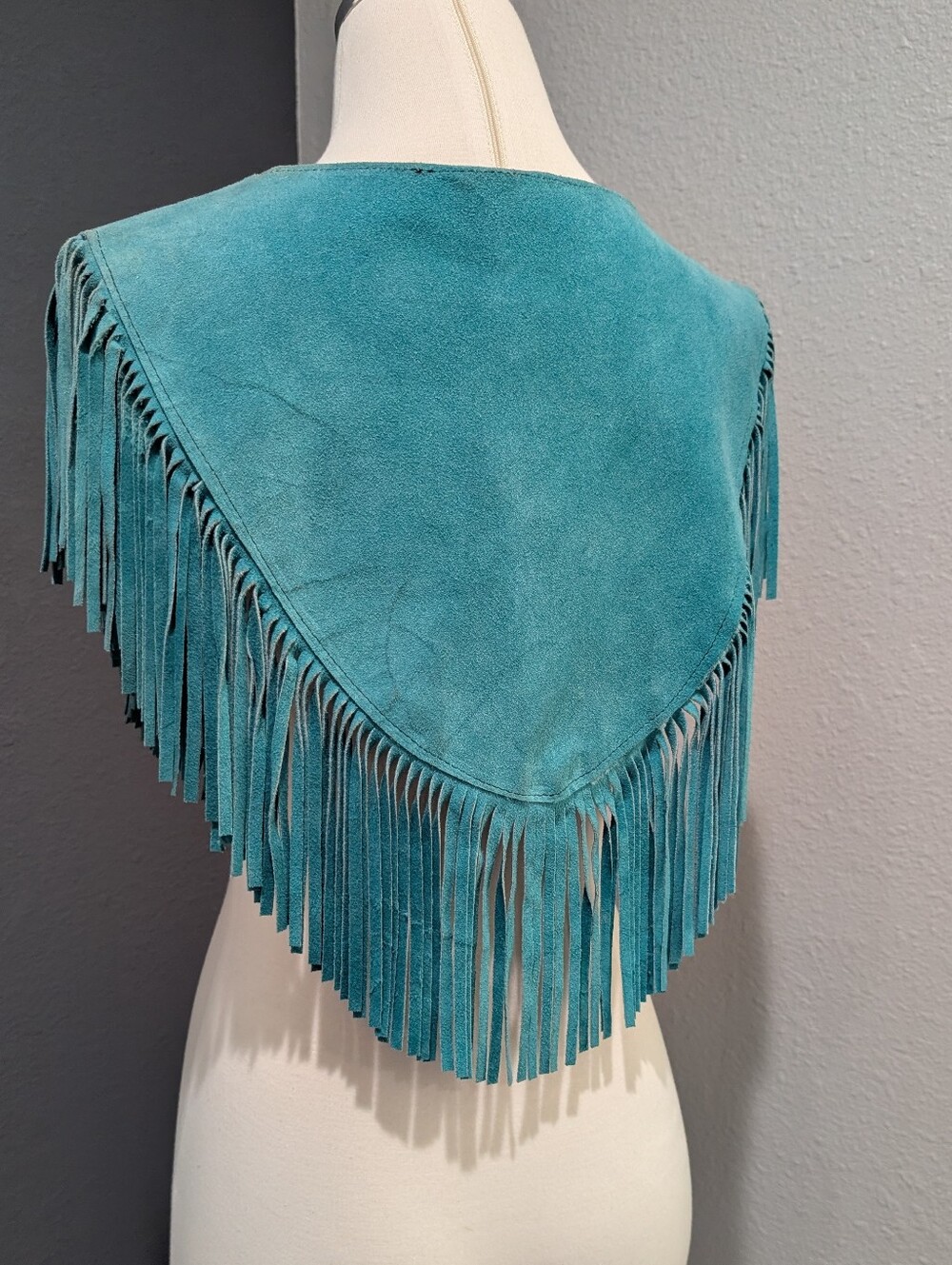 Vintage Steer Brand Teal Suede Fringe Cape with Conchos - Boho Western Statement - Picture 9 of 16